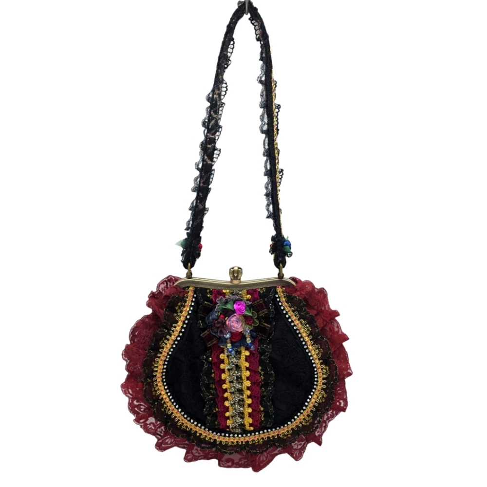 NWT‎ Vintage Boho Embellished Lace Floral Tassel Black Purple Handbag